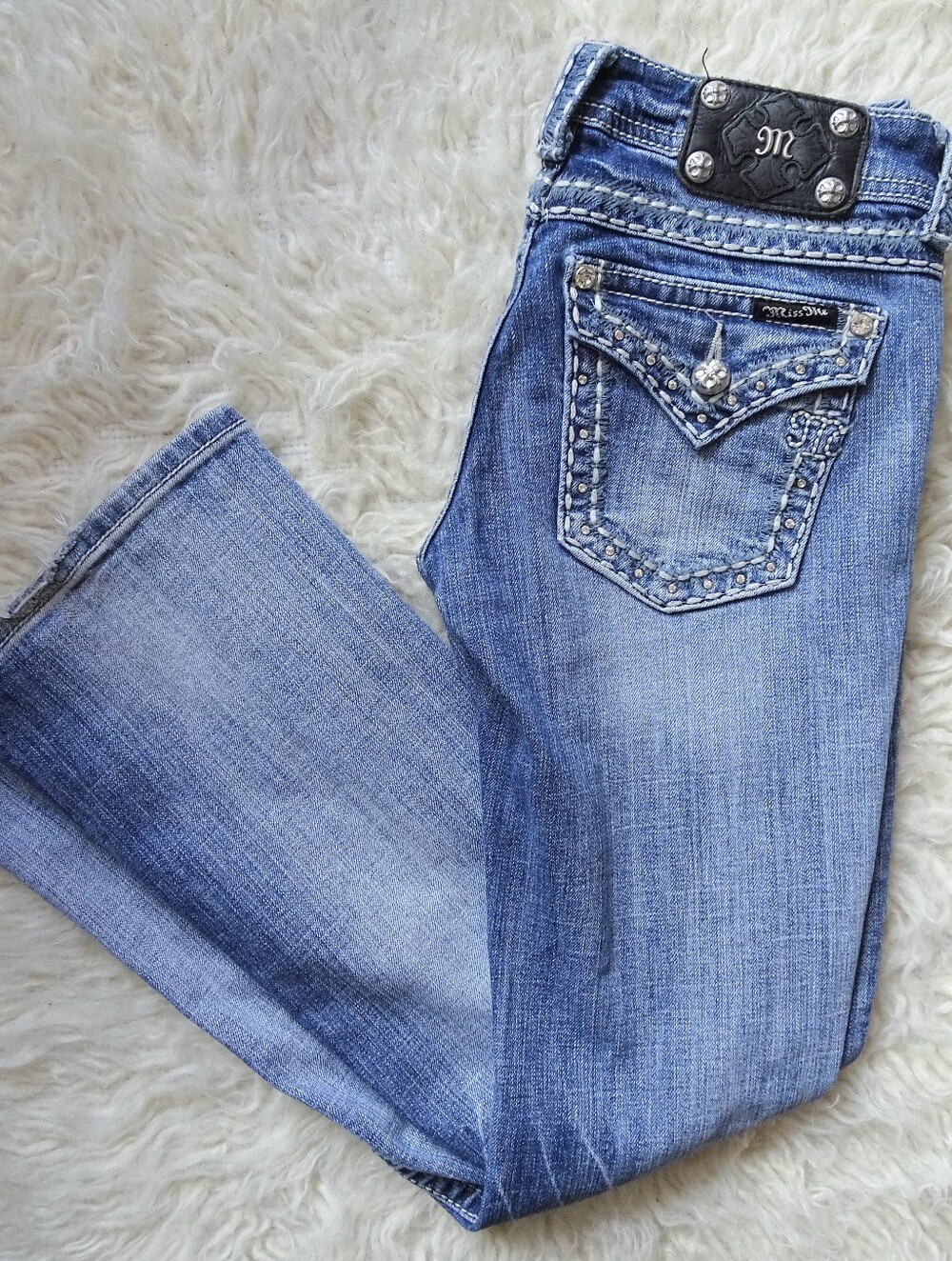 Miss Me Embellished Bootcut Jeans - Light Blue Denim Pants Size 27